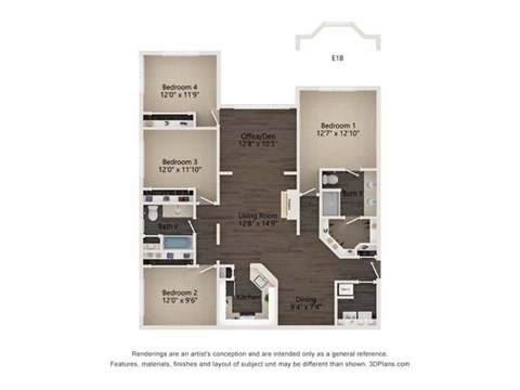 Floor plan for 4 beds, 2 baths, 1610 sqft